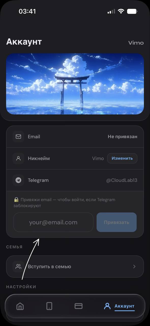 Раздел «Аккаунт» и поле привязки email