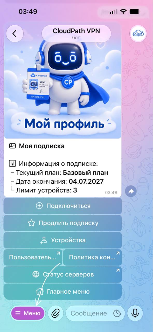 Кнопка «Меню» в боте